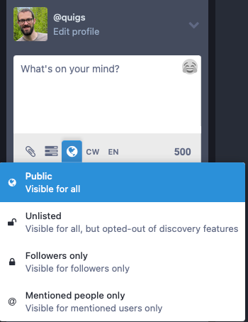 A screenshot with the mastodon post visibility settings displayed.